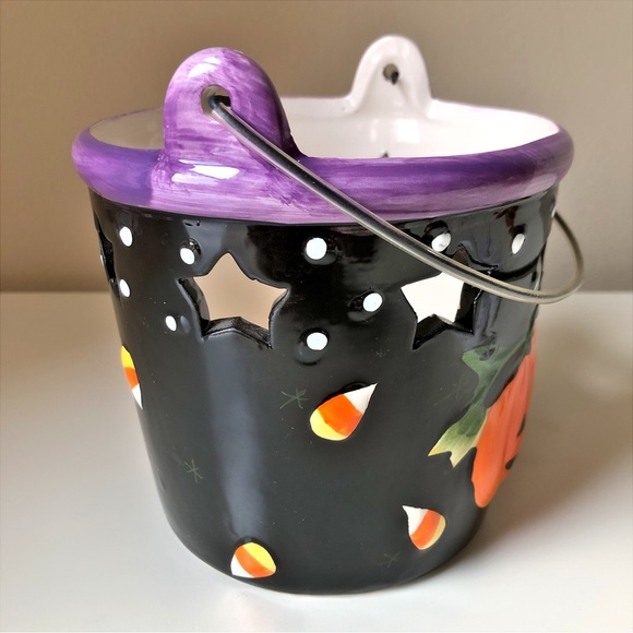 Ceramic Halloween Bucket Candle or Candy Holder Handle Open Stars Hand Painted - Picture 9 of 10
